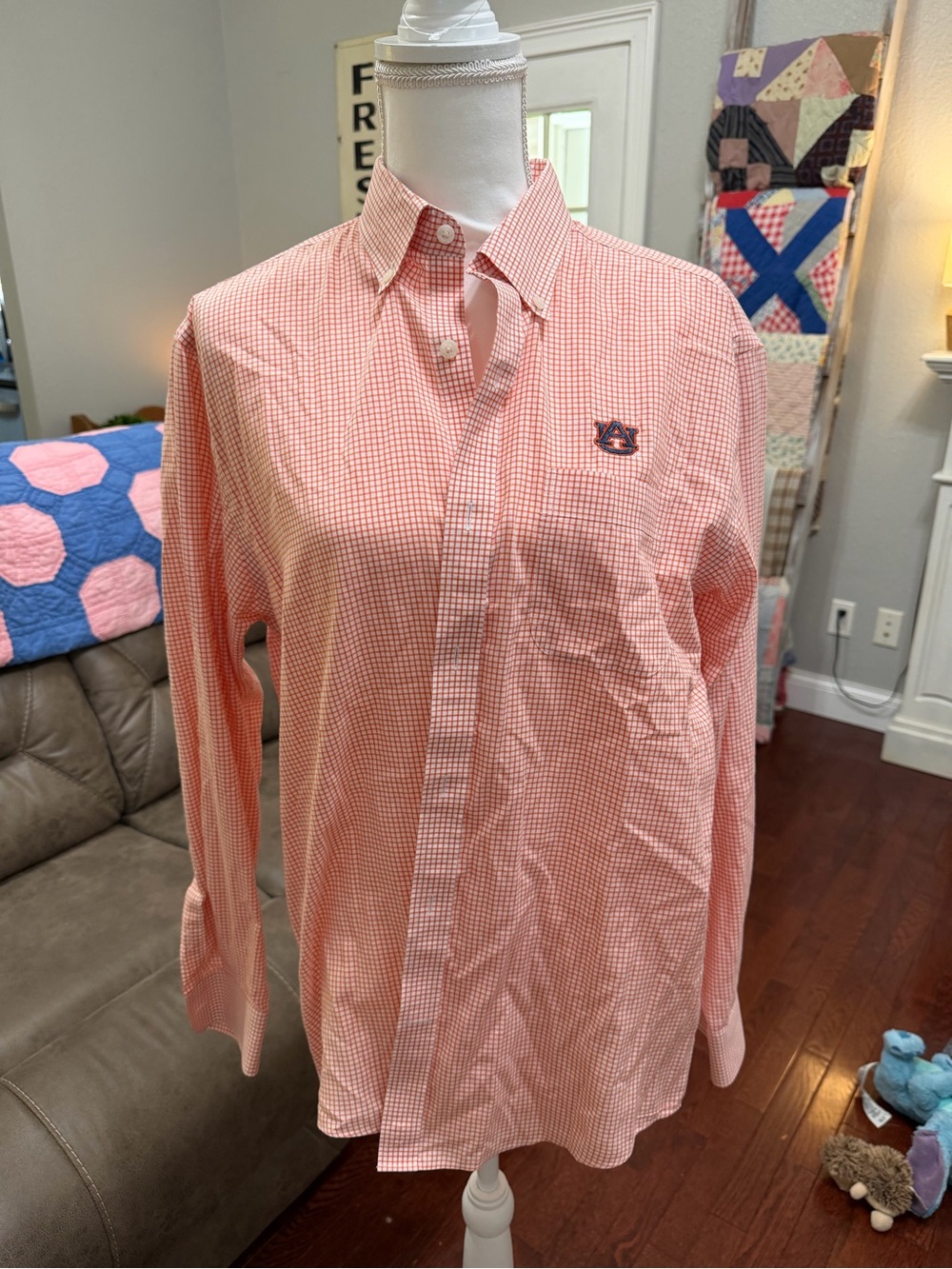 Cutter & Buck Orange Gingham Button-Down Shirt
